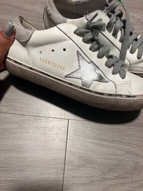Golden Goose White Leather Sneakers with Silver Star Accent